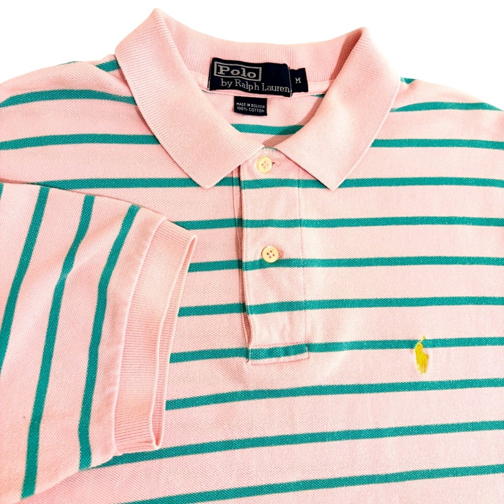 Polo Ralph Lauren Polo Shirt Men M Pink Green Striped Short Sleeve Yellow Pony